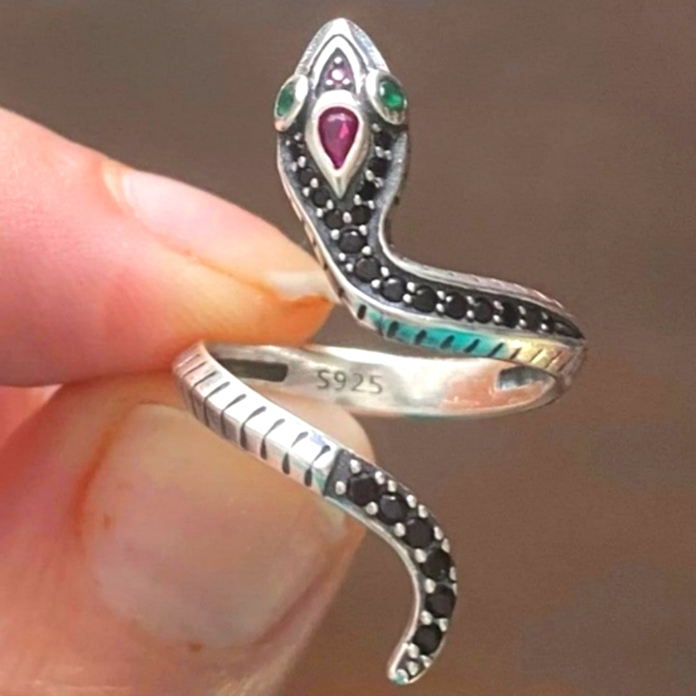 925 STERLING SILVER CRYSTAL DIAMOND RUBY & EMERALD CZ ADJUSTABLE SNAKE RING☆NEW